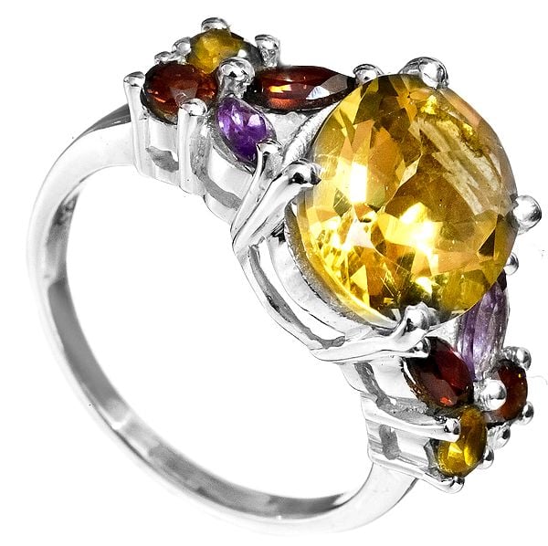 Faceted Citrine Ring with Garnet and Amethyst