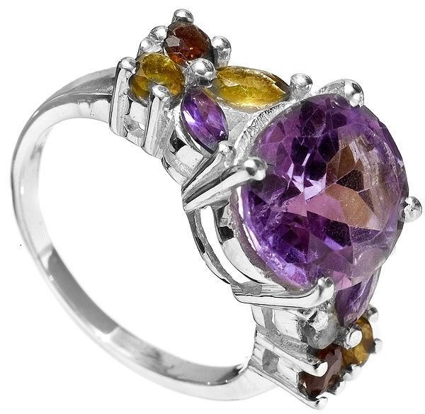 Faceted Amethyst Ring with Garnet and Citrine