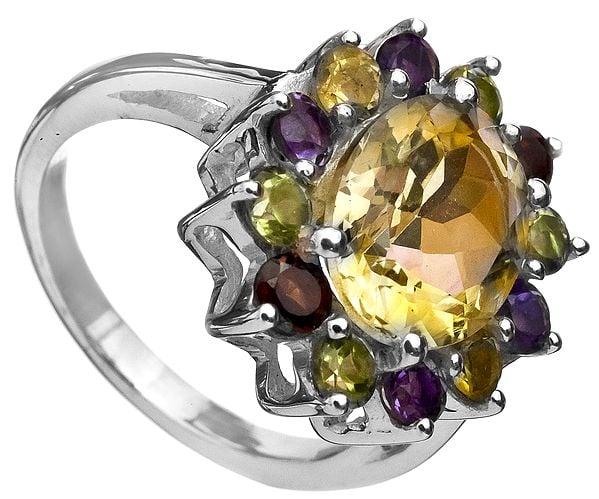 Faceted Citrine Ring with Garnet, Peridot and Amethyst