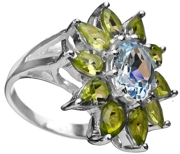 Faceted Blue Topaz with Peridot Ring
