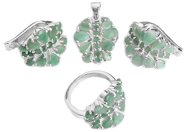 Faceted Emerald Pendant with Earrings and Ring Set