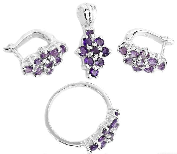 Faceted Amethyst Pendant with Earrings and Ring Set