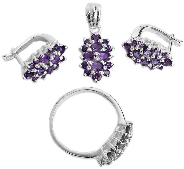Faceted Amethyst Pendant with Earrings and Ring Set