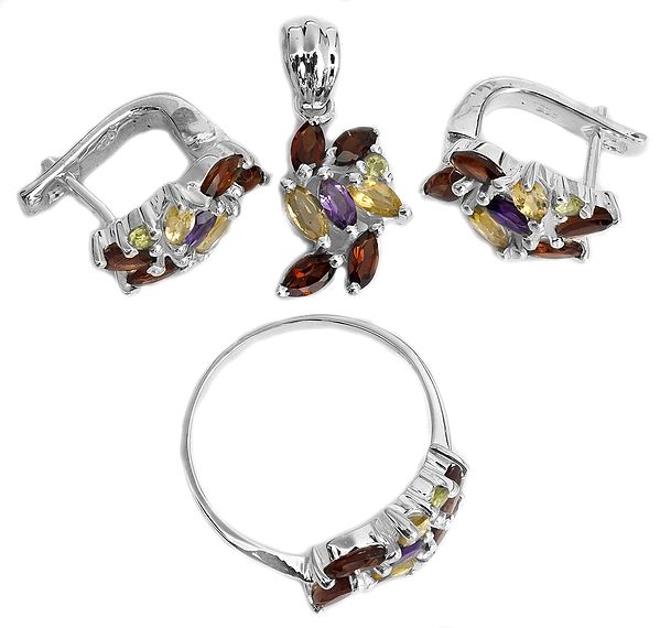 Faceted Gemstone Pendant with Earrings and Ring Set (Garnet, Amethyst, peridot and Citrine