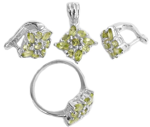 Faceted Peridot Pendant with Earrings and Ring Set