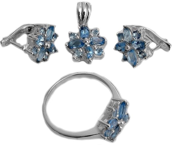 Faceted Blue Topaz Pendant with Earrings and Ring Set