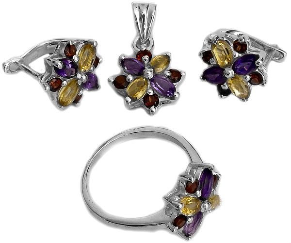 Faceted Triple Gemstone Pendant with Earrings and Ring Set (Garnet, Citrine and Amethyst)