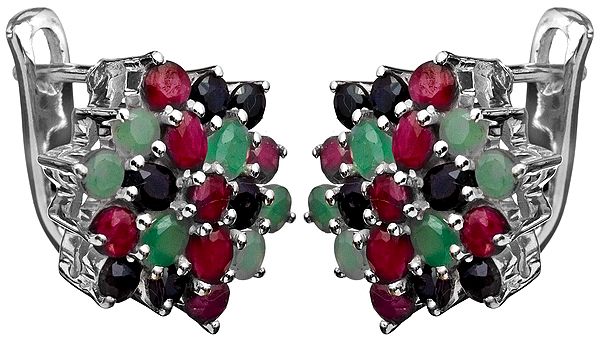 Faceted Triple Gemstone Earrings (Ruby, Sapphire and Emerald)