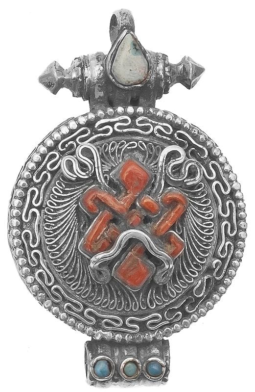 Endless Knot Gau Box Pendant with Filigree, Coral and Turquoise