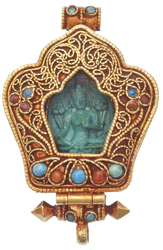 Saviour Goddess Green Tara Gau Box Gold Plated Pendant with Filigree