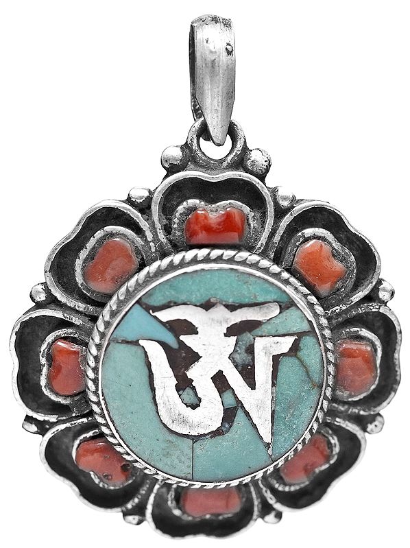 Tibetan OM (AUM) Inlay Flower Pendant