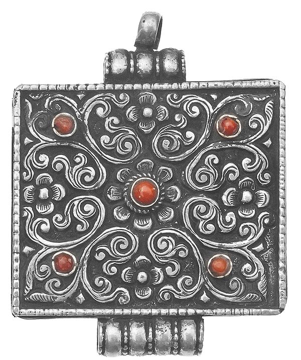 Sterling Handcarved Nepalese Gau Box Pendant with Coral