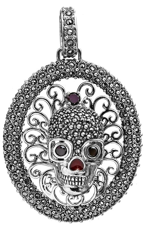 Marcasite Skull Pendant with Garnet and Black Spinel
