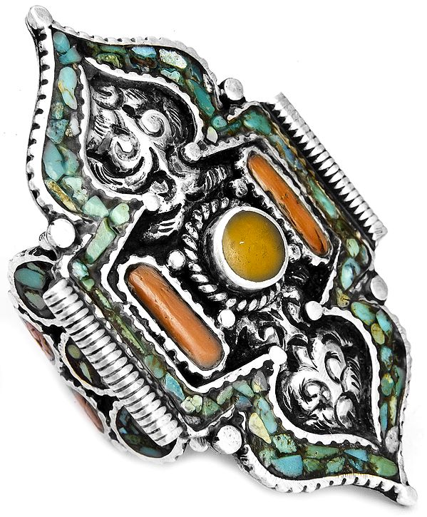 Dorje-Shape Ring from Afghanistan with Coral and Amber