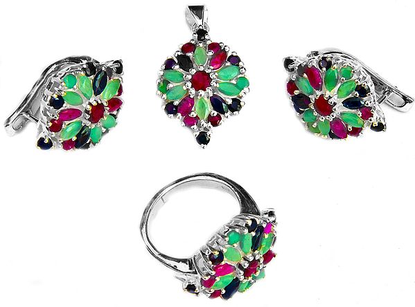 Faceted Three Gemstone Pendant with Earrings and Ring Set (Ruby, Emerald and Sapphire)