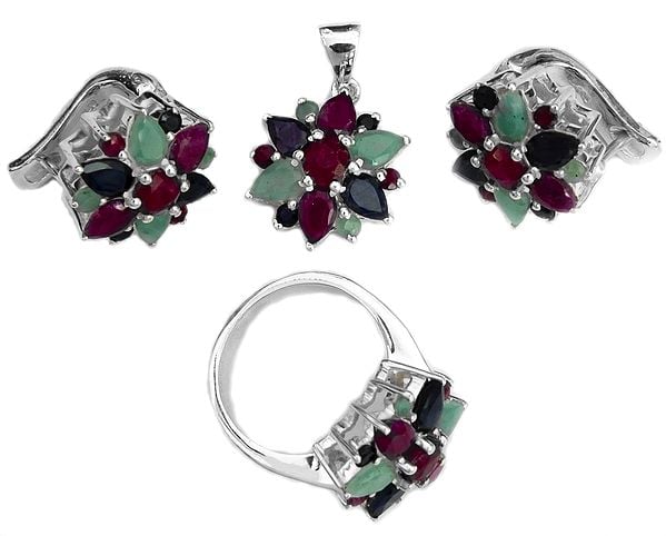 Faceted Triple Gemstone Pendant, Earrings with Ring Set (Emerald, Ruby and Sapphire)