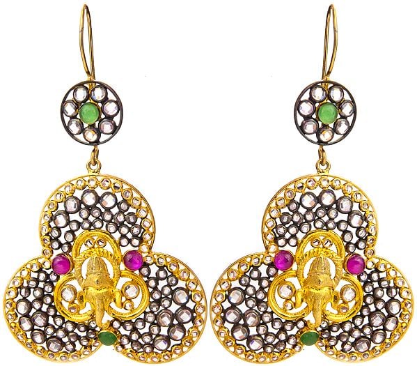 Lord Ganesha Gold Plated Earrings with Ruby and Emerald