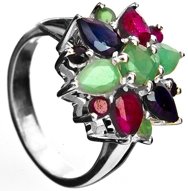 Faceted Three Gemstone Ring (Sapphire, Emerald and Ruby)