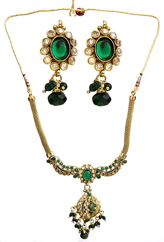 Faux Emerald Necklace with Earrings Set