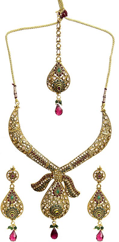 Faceted Ruby and Green Polki Necklace Set with Earrings and Mang Tika