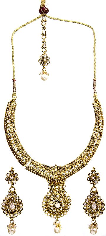 Faux Pearl Polki Necklace Set with Earrings and Mang Tika