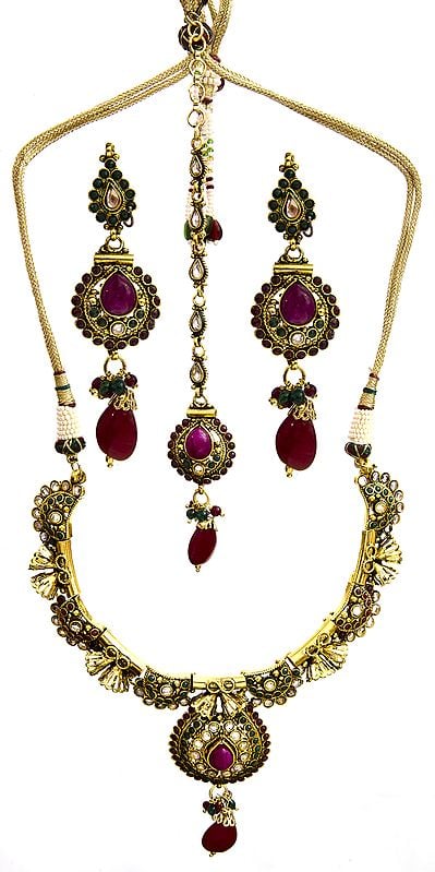 Faux Ruby and Emerald Polki Necklace Set with Tika