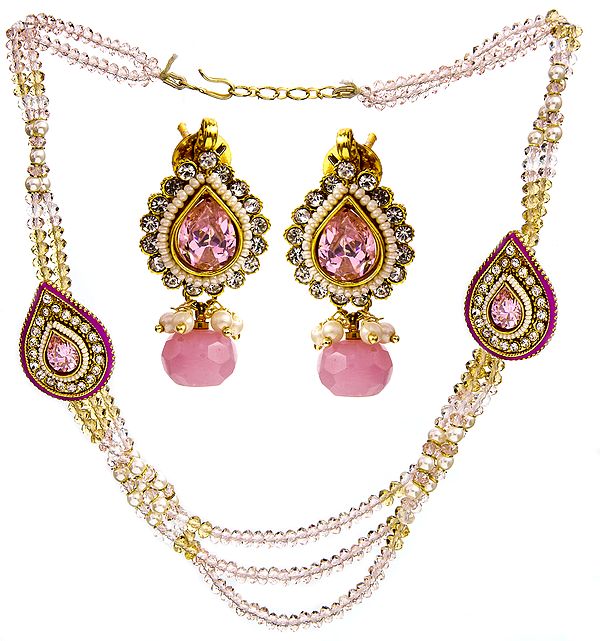 Pink Cut Glass Victorian Neckalce with Earrings Set