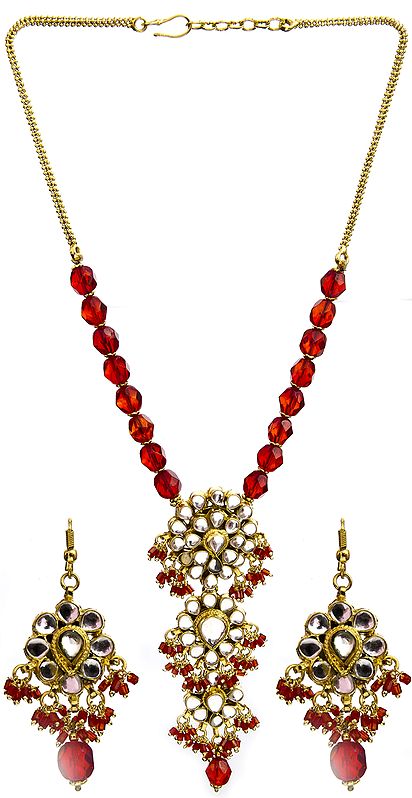 Red Beaded Kundan Necklace Set with Earrings