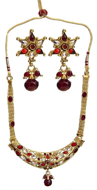 Red Polki Necklace Set with Earrings