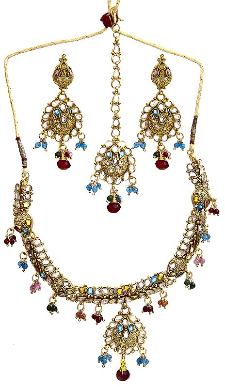 Multi-Color Necklace with Earrings and Tika Set