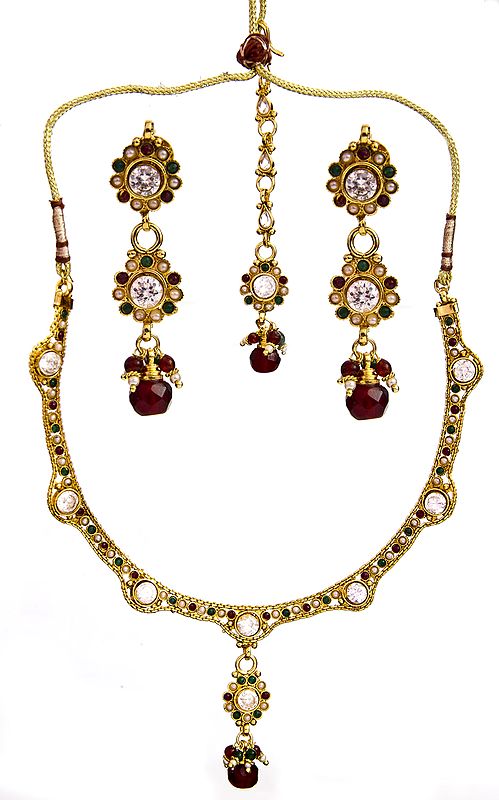 Tri-Color Polki Necklace Set with Earrings and Mang Tika