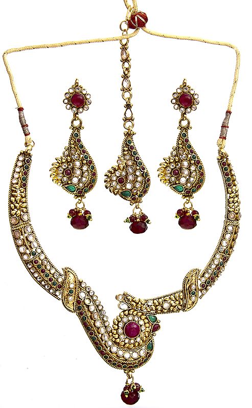 Faux Ruby and Emerald Peacock Necklace Set with Earrings and Mang Tika