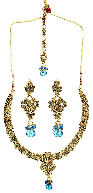 Blue Color Necklace Set with Earrings and Mang Tika Set