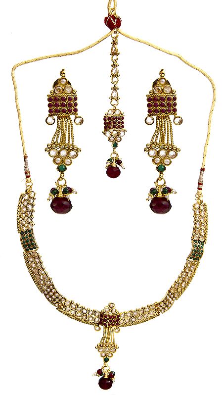 Faux Ruby and Emerald Necklace Set with Earrings and Mang Tika