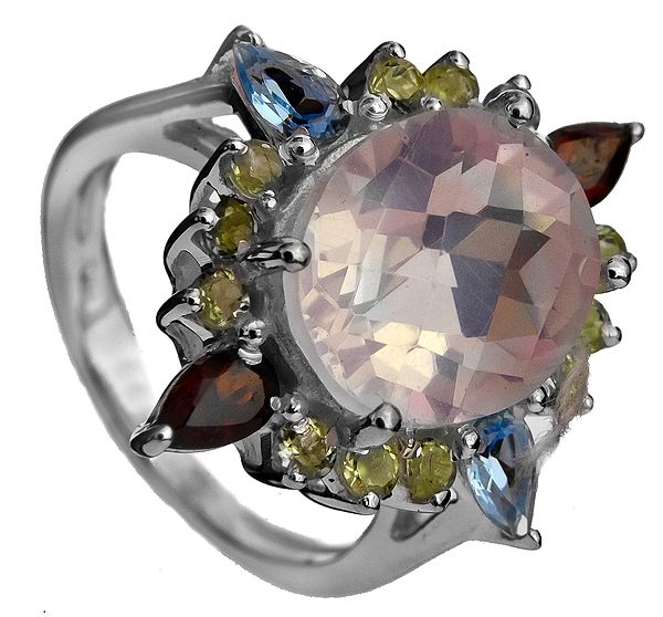Faceted Four Gemstone Ring (Rose Quartz, Garnet, BT and Peridot)