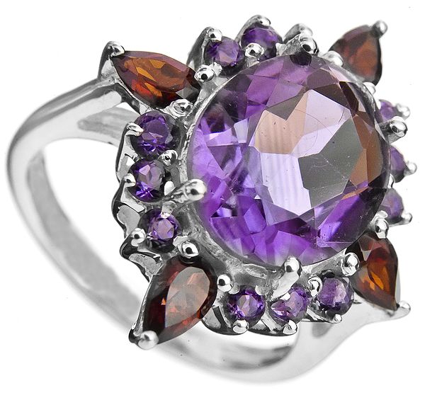 Faceted Amethyst with Garnet Ring