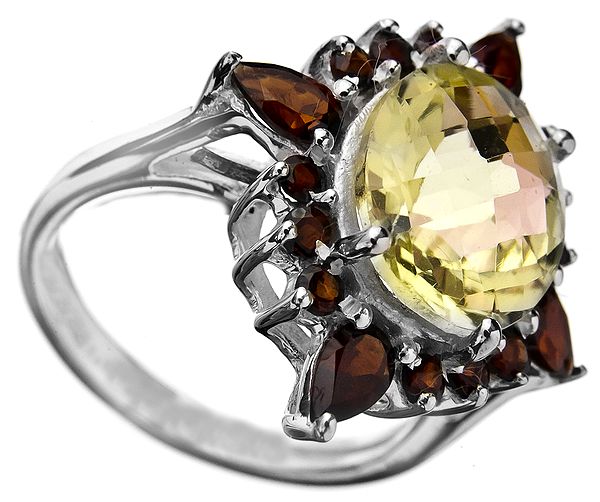 Faceted Peridot and Garnet Ring