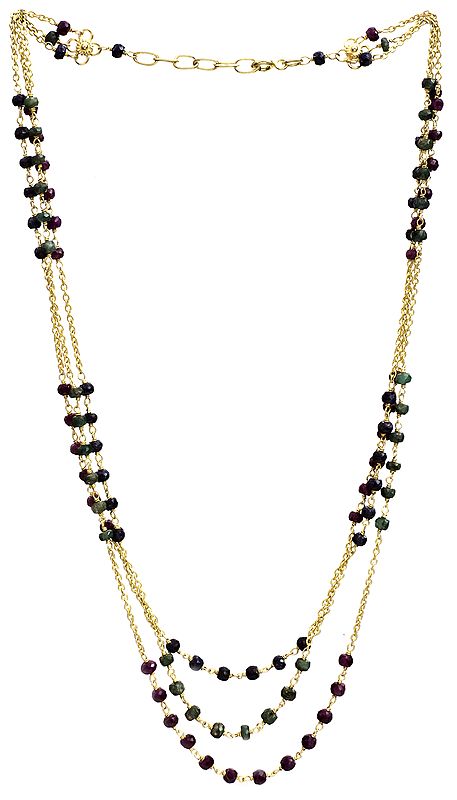 Faceted Triple Strand Gold Plated Necklace (Emerald, Sapphire and Ruby)