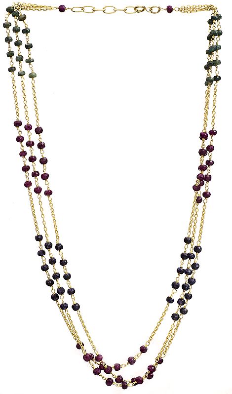 Faceted Three Strand Gold Plated Necklace (Ruby, Emerald and Sapphire)