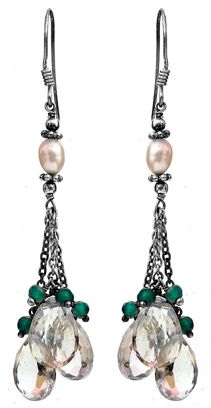 Pearl with Faceted Green Onyx and Green Amethyst Earrings