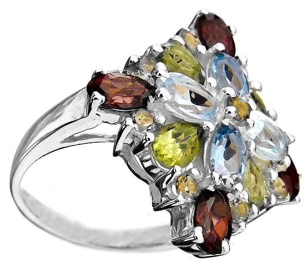 Faceted Four Gemstone Ring (Garnet, Citrine, BT and Peridot)