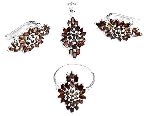 Faceted Garnet Pendant with Earrings and Ring Set