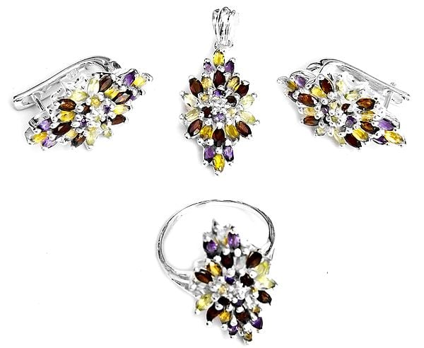 Three-Gems (Citrine, Amethyst and Peridot)  Pendant with Earrings and Ring Set