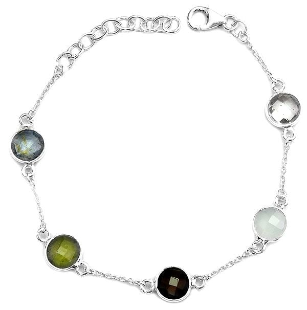 Faceted Gemstone Bracelet (BT, Prehnite, Smoky Quartz, Peru Chalcedony and Crystal)