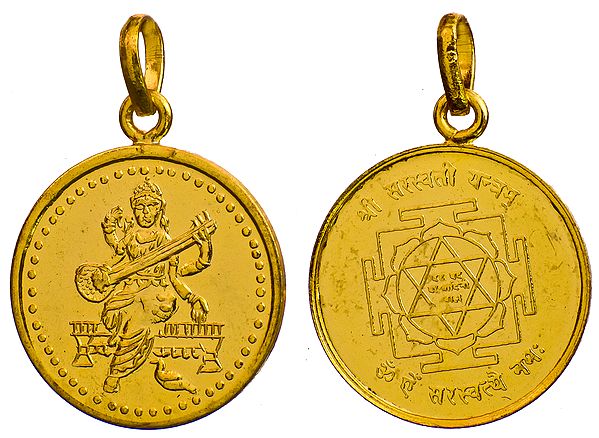 Pendant of Goddess Saraswati with Her Yantra on Reverse (Two Sided Pendant)