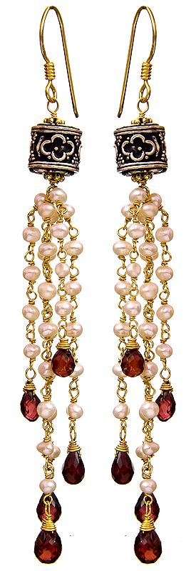 Faceted Garnet with Pearl Gold Plated Earrings