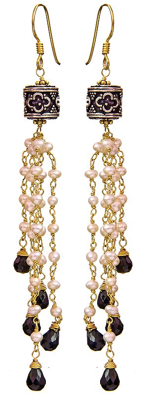 Faceted Black Spinel with Pearl Gold Plated Earrings