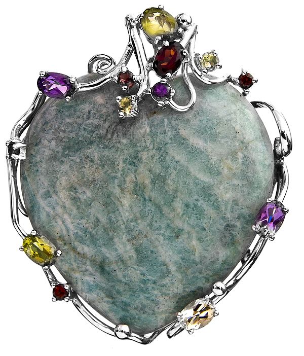 Amazonite Heart-Shape Pendant with Faceted Peridot, Garnet, Amethyst and Citrine