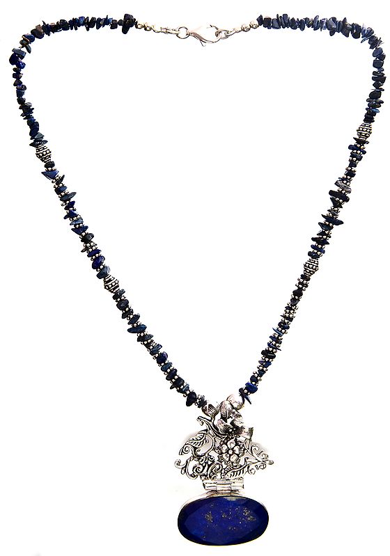 Faceted Lapis Lazuli Necklace with  Overhang Pendant and Flowers