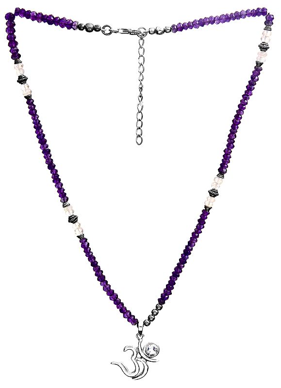 Faceted Triple Gemstone Necklace (Amethyst, Rainbow Moonstone and BT) with OM (AUM)